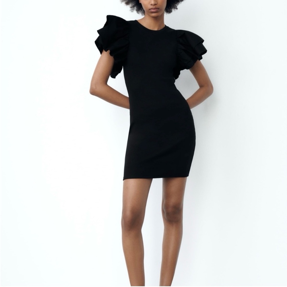 Zara Black Cotton Knit Butterfly Sleeve Mini Dress